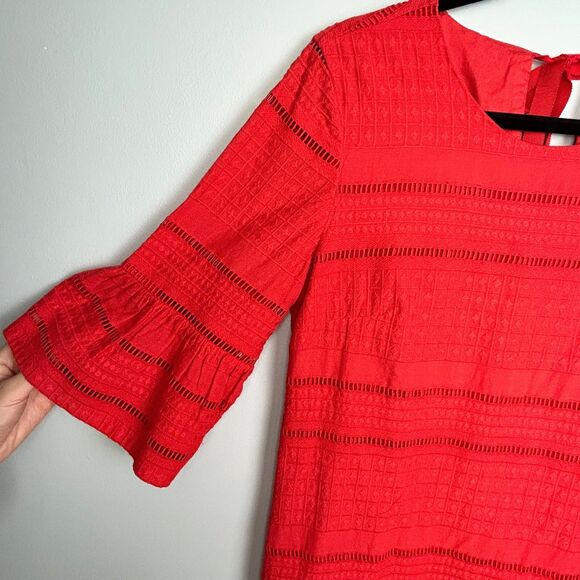 J.Crew Eyelet Flutter Bell Sleeve Shift Mini Dress Coral Orange Red Cotton Sz 4 - Picture 4 of 15